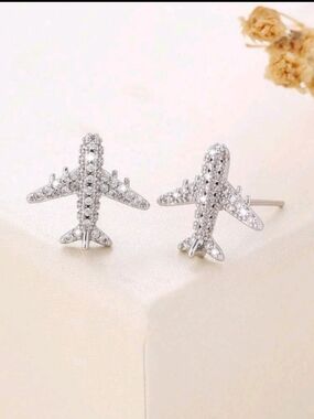 Crystal Airplane Stud Earrings - Silver